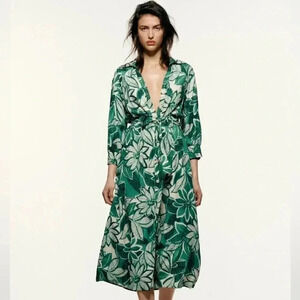 ZARA GREEN PRINTED SHIRT DRESS- XS